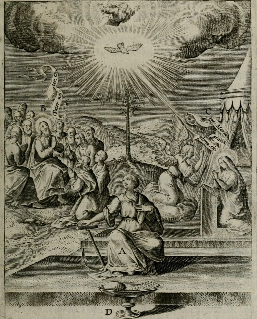 An illustration from Christeliicken waerseggher : de principale stucken van t'Christen geloof en Leuen int cort begrijpende : met een rolle der deugtsaemheyt daer op dienende : ende een schildt-wacht teghen de valsche waersegghers, tooueraers, etc., 1603, leaf 108