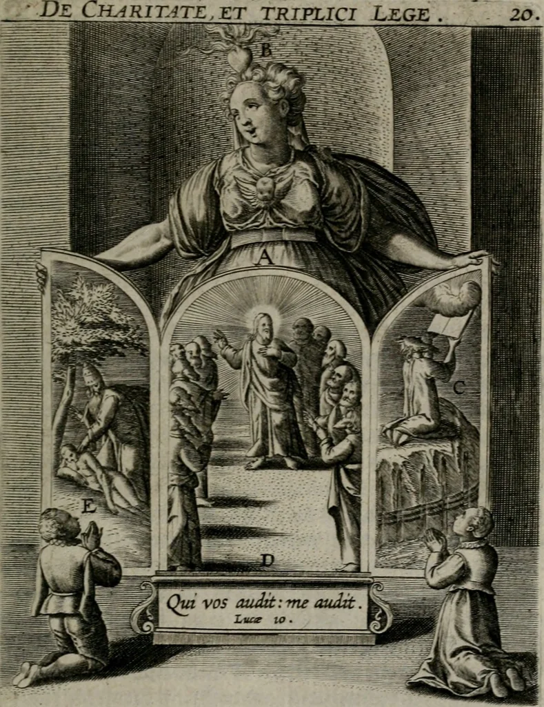 An illustration from Christeliicken waerseggher : de principale stucken van t'Christen geloof en Leuen int cort begrijpende : met een rolle der deugtsaemheyt daer op dienende : ende een schildt-wacht teghen de valsche waersegghers, tooueraers, etc., 1603, leaf 114