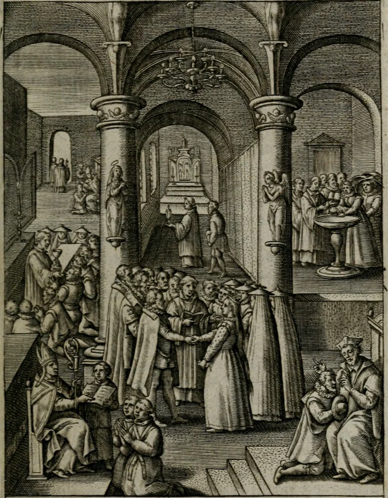 An illustration from Christeliicken waerseggher : de principale stucken van t'Christen geloof en Leuen int cort begrijpende : met een rolle der deugtsaemheyt daer op dienende : ende een schildt-wacht teghen de valsche waersegghers, tooueraers, etc., 1603, leaf 124