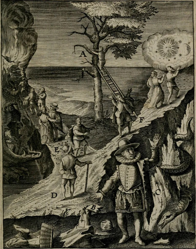 An illustration from Christeliicken waerseggher : de principale stucken van t'Christen geloof en Leuen int cort begrijpende : met een rolle der deugtsaemheyt daer op dienende : ende een schildt-wacht teghen de valsche waersegghers, tooueraers, etc., 1603, leaf 128