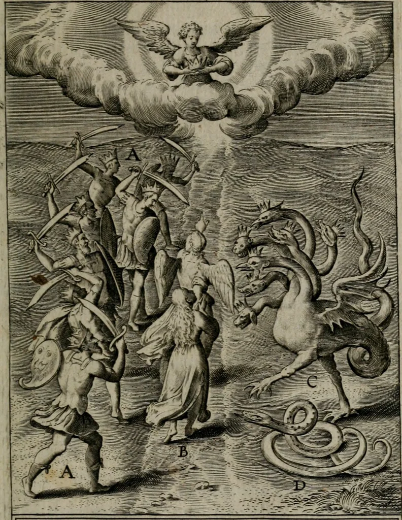 An illustration from Christeliicken waerseggher : de principale stucken van t'Christen geloof en Leuen int cort begrijpende : met een rolle der deugtsaemheyt daer op dienende : ende een schildt-wacht teghen de valsche waersegghers, tooueraers, etc., 1603, leaf 144