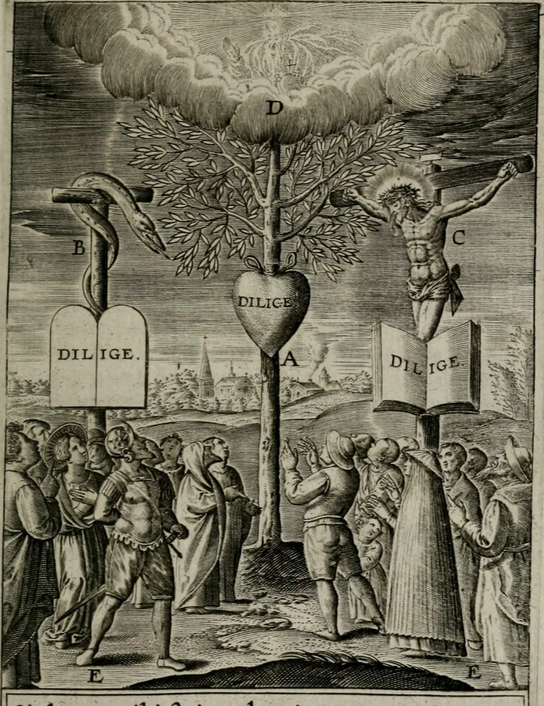 An illustration from Christeliicken waerseggher : de principale stucken van t'Christen geloof en Leuen int cort begrijpende : met een rolle der deugtsaemheyt daer op dienende : ende een schildt-wacht teghen de valsche waersegghers, tooueraers, etc., 1603, leaf 168