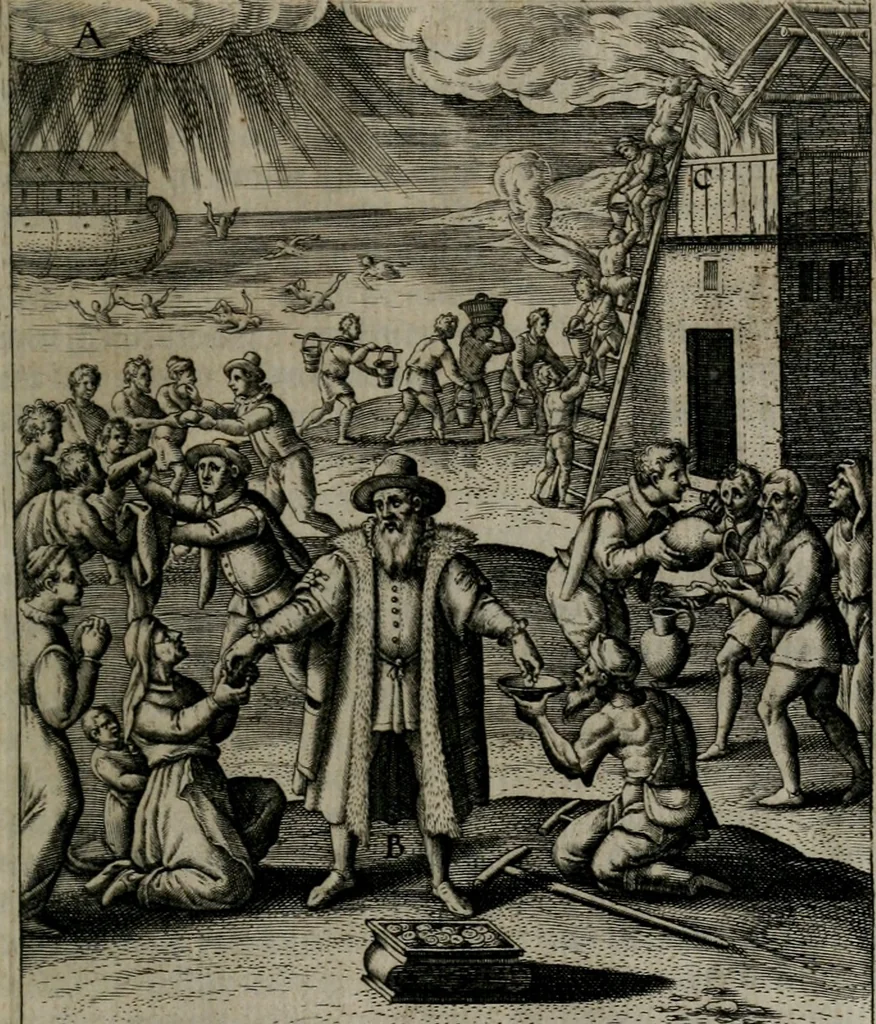 An illustration from Christeliicken waerseggher : de principale stucken van t'Christen geloof en Leuen int cort begrijpende : met een rolle der deugtsaemheyt daer op dienende : ende een schildt-wacht teghen de valsche waersegghers, tooueraers, etc., 1603, leaf 178