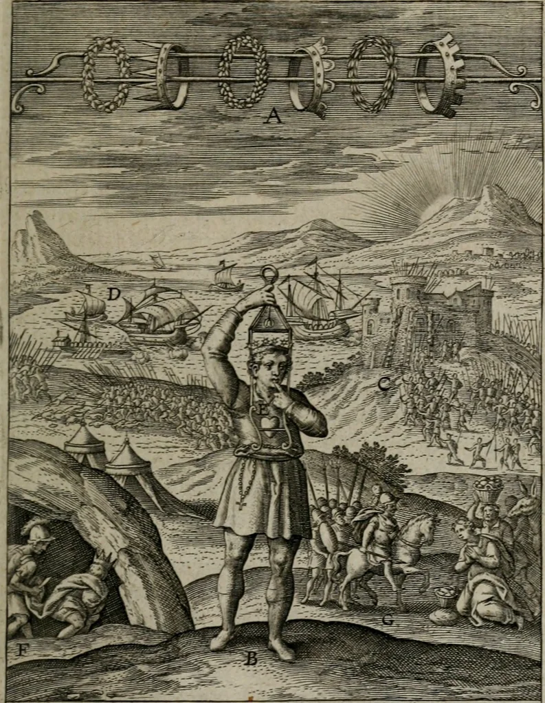An illustration from Christeliicken waerseggher : de principale stucken van t'Christen geloof en Leuen int cort begrijpende : met een rolle der deugtsaemheyt daer op dienende : ende een schildt-wacht teghen de valsche waersegghers, tooueraers, etc., 1603, leaf 182
