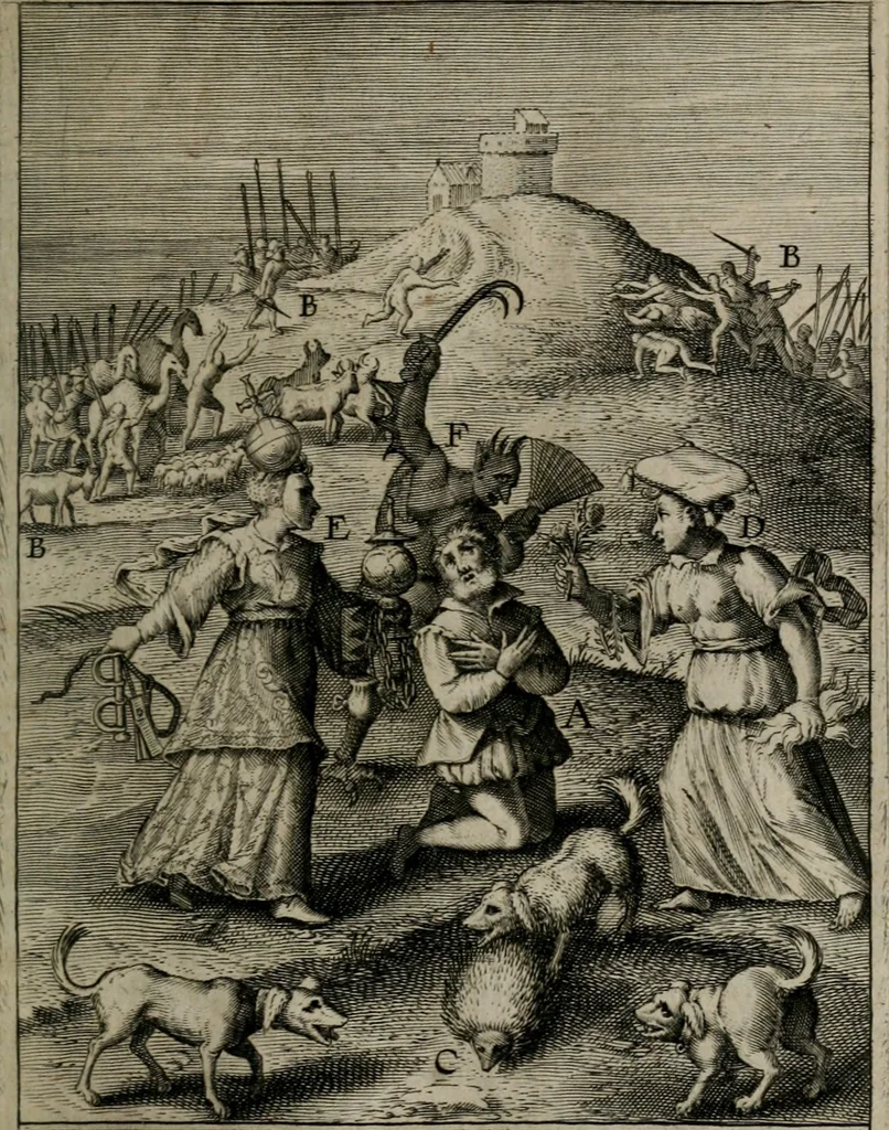 An illustration from Christeliicken waerseggher : de principale stucken van t'Christen geloof en Leuen int cort begrijpende : met een rolle der deugtsaemheyt daer op dienende : ende een schildt-wacht teghen de valsche waersegghers, tooueraers, etc., 1603, leaf 200
