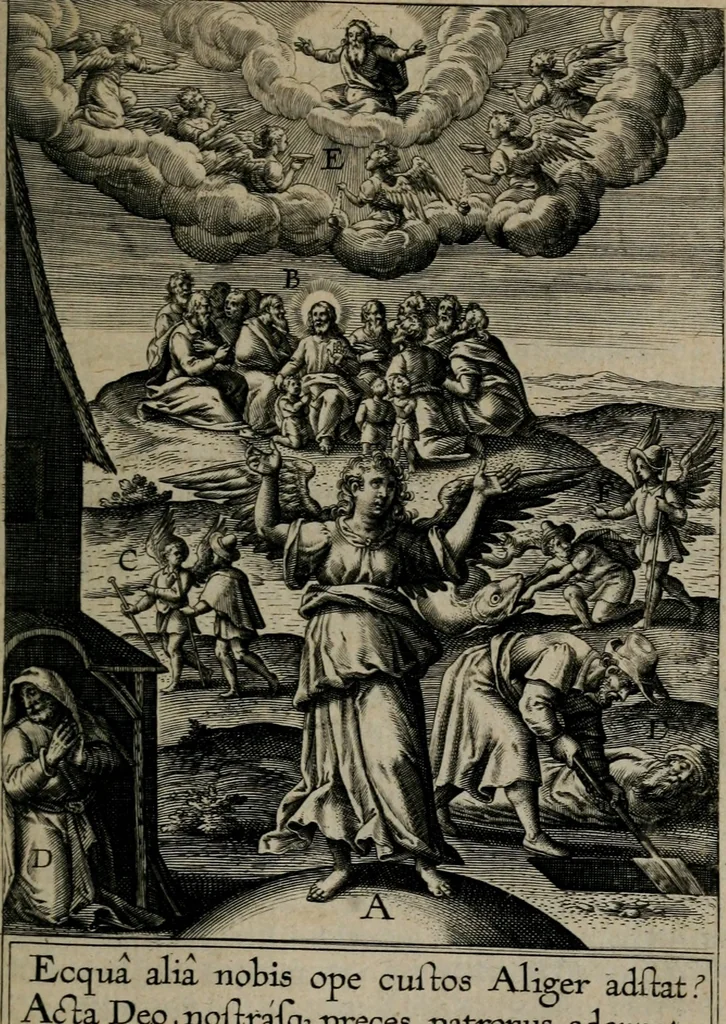 An illustration from Christeliicken waerseggher : de principale stucken van t'Christen geloof en Leuen int cort begrijpende : met een rolle der deugtsaemheyt daer op dienende : ende een schildt-wacht teghen de valsche waersegghers, tooueraers, etc., 1603, leaf 216