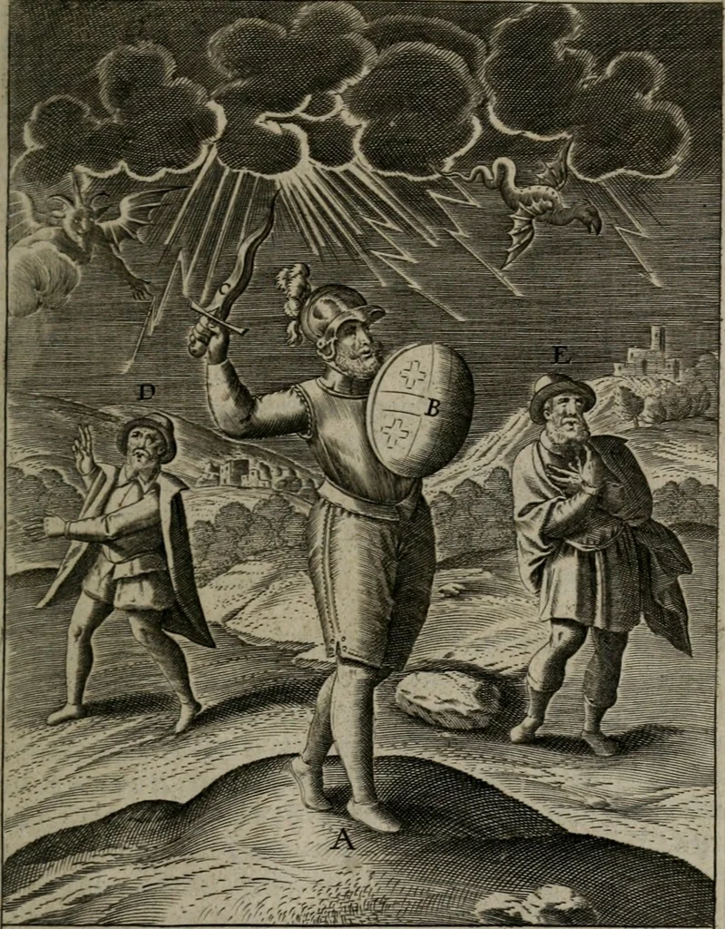 An illustration from Christeliicken waerseggher : de principale stucken van t'Christen geloof en Leuen int cort begrijpende : met een rolle der deugtsaemheyt daer op dienende : ende een schildt-wacht teghen de valsche waersegghers, tooueraers, etc., 1603, leaf 226