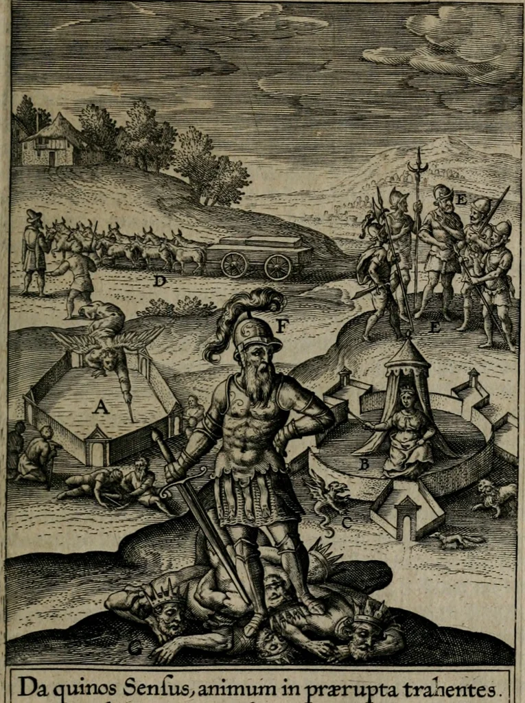 An illustration from Christeliicken waerseggher : de principale stucken van t'Christen geloof en Leuen int cort begrijpende : met een rolle der deugtsaemheyt daer op dienende : ende een schildt-wacht teghen de valsche waersegghers, tooueraers, etc., 1603, leaf 232
