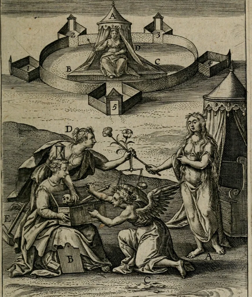 An illustration from Christeliicken waerseggher : de principale stucken van t'Christen geloof en Leuen int cort begrijpende : met een rolle der deugtsaemheyt daer op dienende : ende een schildt-wacht teghen de valsche waersegghers, tooueraers, etc., 1603, leaf 240