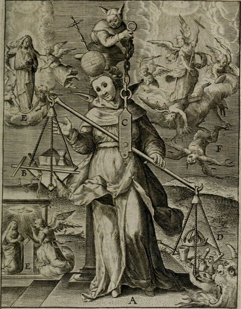 An illustration from Christeliicken waerseggher : de principale stucken van t'Christen geloof en Leuen int cort begrijpende : met een rolle der deugtsaemheyt daer op dienende : ende een schildt-wacht teghen de valsche waersegghers, tooueraers, etc., 1603, leaf 252