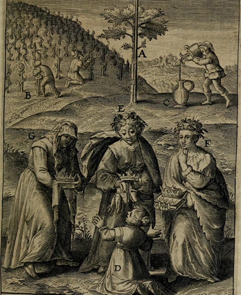 An illustration from Christeliicken waerseggher : de principale stucken van t'Christen geloof en Leuen int cort begrijpende : met een rolle der deugtsaemheyt daer op dienende : ende een schildt-wacht teghen de valsche waersegghers, tooueraers, etc., 1603, leaf 258