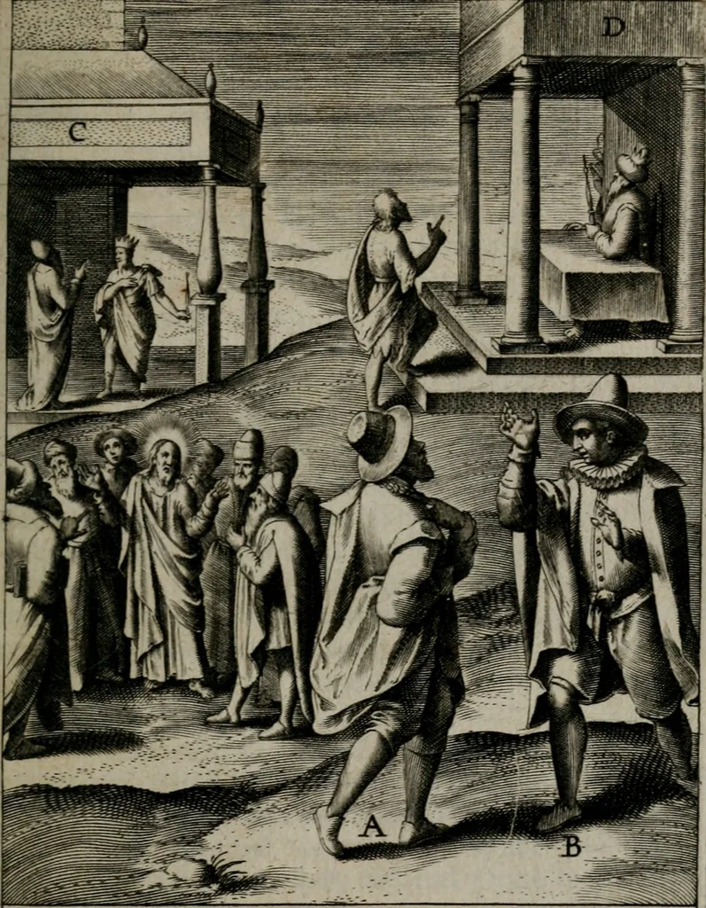An illustration from Christeliicken waerseggher : de principale stucken van t'Christen geloof en Leuen int cort begrijpende : met een rolle der deugtsaemheyt daer op dienende : ende een schildt-wacht teghen de valsche waersegghers, tooueraers, etc., 1603, leaf 278