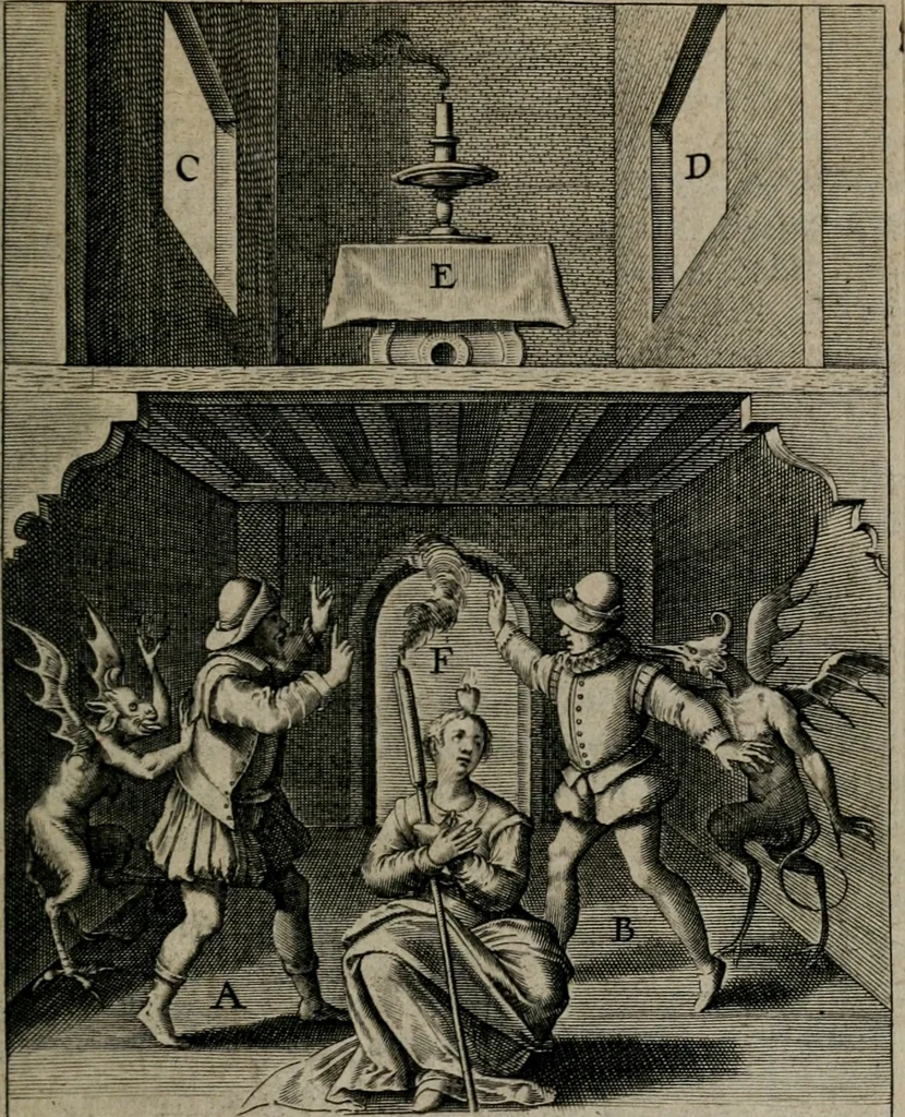 An illustration from Christeliicken waerseggher : de principale stucken van t'Christen geloof en Leuen int cort begrijpende : met een rolle der deugtsaemheyt daer op dienende : ende een schildt-wacht teghen de valsche waersegghers, tooueraers, etc., 1603, leaf 322
