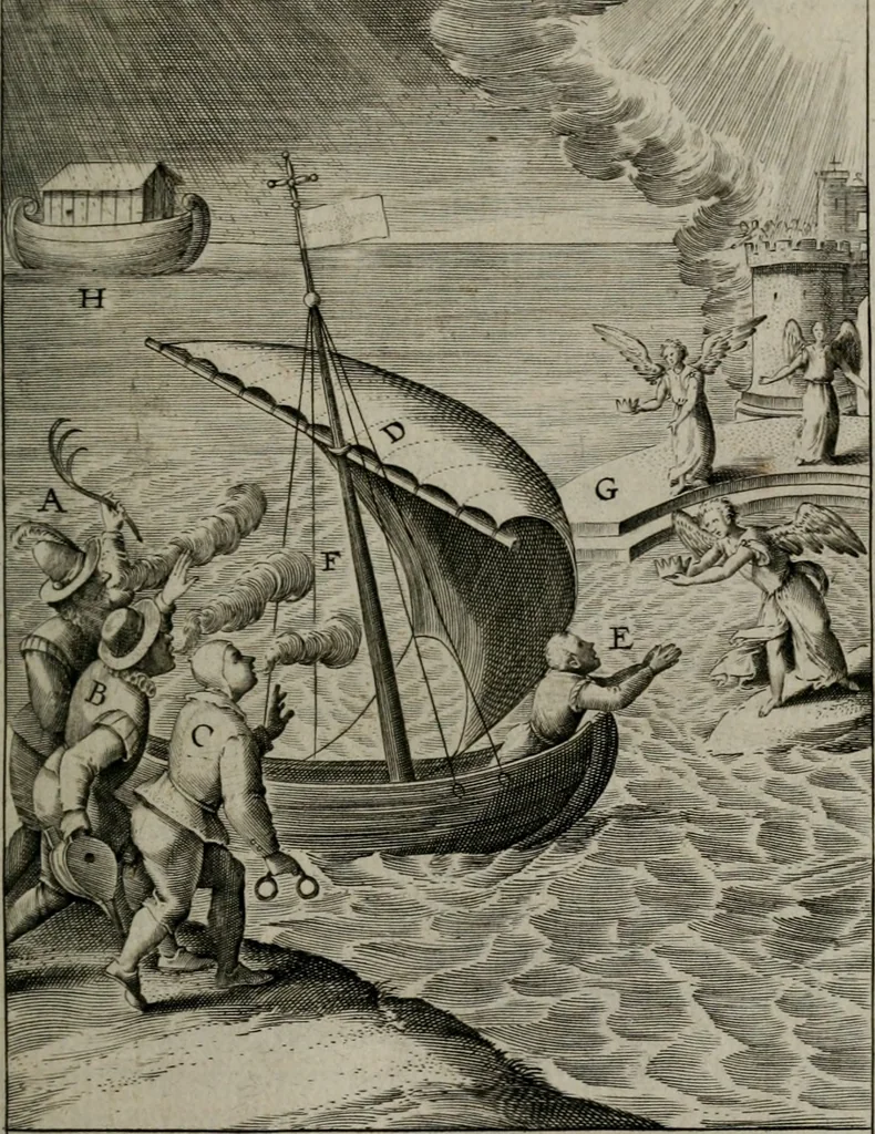 An illustration from Christeliicken waerseggher : de principale stucken van t'Christen geloof en Leuen int cort begrijpende : met een rolle der deugtsaemheyt daer op dienende : ende een schildt-wacht teghen de valsche waersegghers, tooueraers, etc., 1603, leaf 326