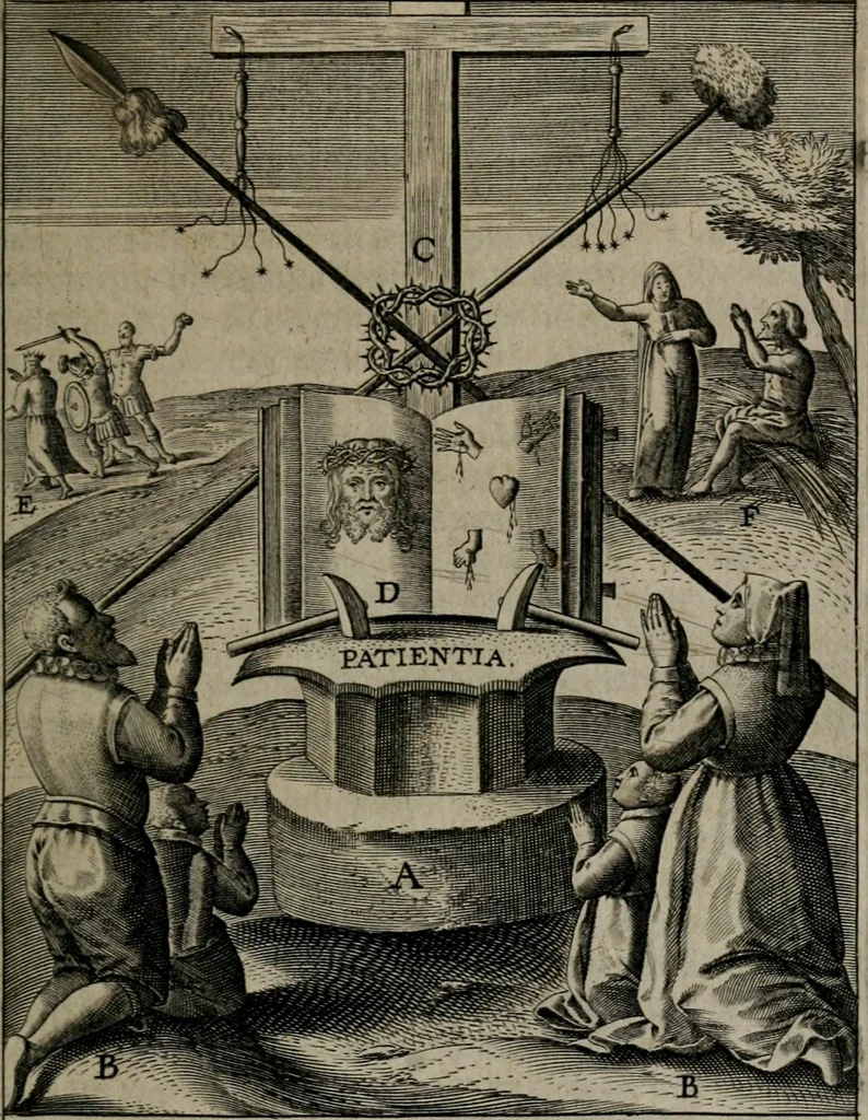 An illustration from Christeliicken waerseggher : de principale stucken van t'Christen geloof en Leuen int cort begrijpende : met een rolle der deugtsaemheyt daer op dienende : ende een schildt-wacht teghen de valsche waersegghers, tooueraers, etc., 1603, leaf 338