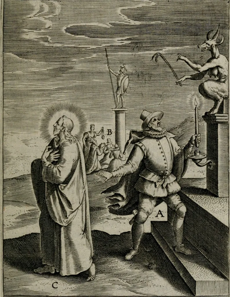 An illustration from Christeliicken waerseggher : de principale stucken van t'Christen geloof en Leuen int cort begrijpende : met een rolle der deugtsaemheyt daer op dienende : ende een schildt-wacht teghen de valsche waersegghers, tooueraers, etc., 1603, leaf 34