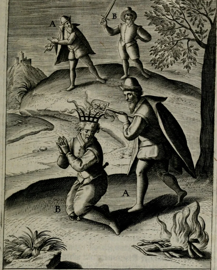 An illustration from Christeliicken waerseggher : de principale stucken van t'Christen geloof en Leuen int cort begrijpende : met een rolle der deugtsaemheyt daer op dienende : ende een schildt-wacht teghen de valsche waersegghers, tooueraers, etc., 1603, leaf 348