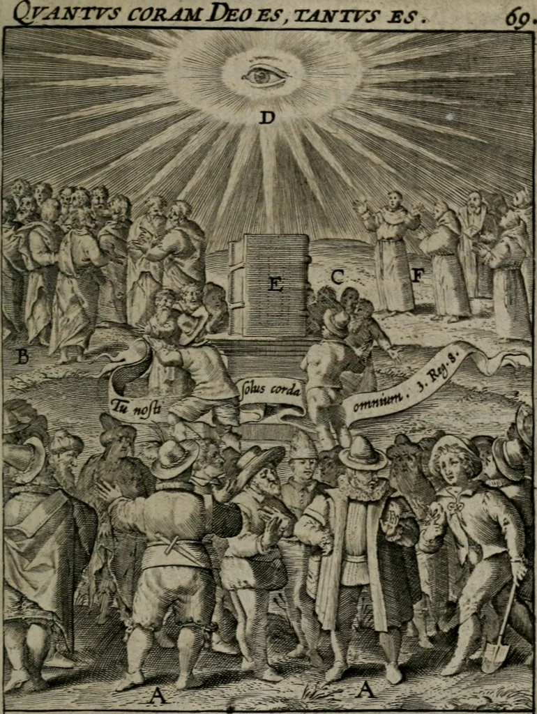 An illustration from Christeliicken waerseggher : de principale stucken van t'Christen geloof en Leuen int cort begrijpende : met een rolle der deugtsaemheyt daer op dienende : ende een schildt-wacht teghen de valsche waersegghers, tooueraers, etc., 1603, leaf 390