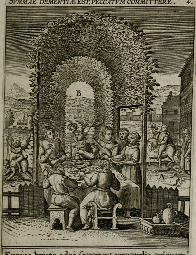 An illustration from Christeliicken waerseggher : de principale stucken van t'Christen geloof en Leuen int cort begrijpende : met een rolle der deugtsaemheyt daer op dienende : ende een schildt-wacht teghen de valsche waersegghers, tooueraers, etc., 1603, leaf 40