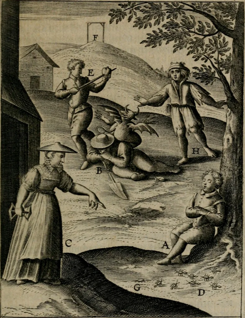 An illustration from Christeliicken waerseggher : de principale stucken van t'Christen geloof en Leuen int cort begrijpende : met een rolle der deugtsaemheyt daer op dienende : ende een schildt-wacht teghen de valsche waersegghers, tooueraers, etc., 1603, leaf 412
