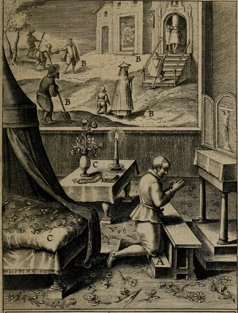 An illustration from Christeliicken waerseggher : de principale stucken van t'Christen geloof en Leuen int cort begrijpende : met een rolle der deugtsaemheyt daer op dienende : ende een schildt-wacht teghen de valsche waersegghers, tooueraers, etc., 1603, leaf 418