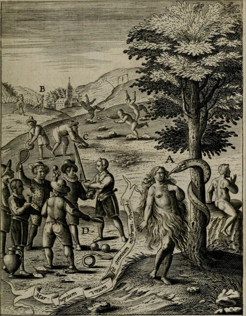 An illustration from Christeliicken waerseggher : de principale stucken van t'Christen geloof en Leuen int cort begrijpende : met een rolle der deugtsaemheyt daer op dienende : ende een schildt-wacht teghen de valsche waersegghers, tooueraers, etc., 1603, leaf 44