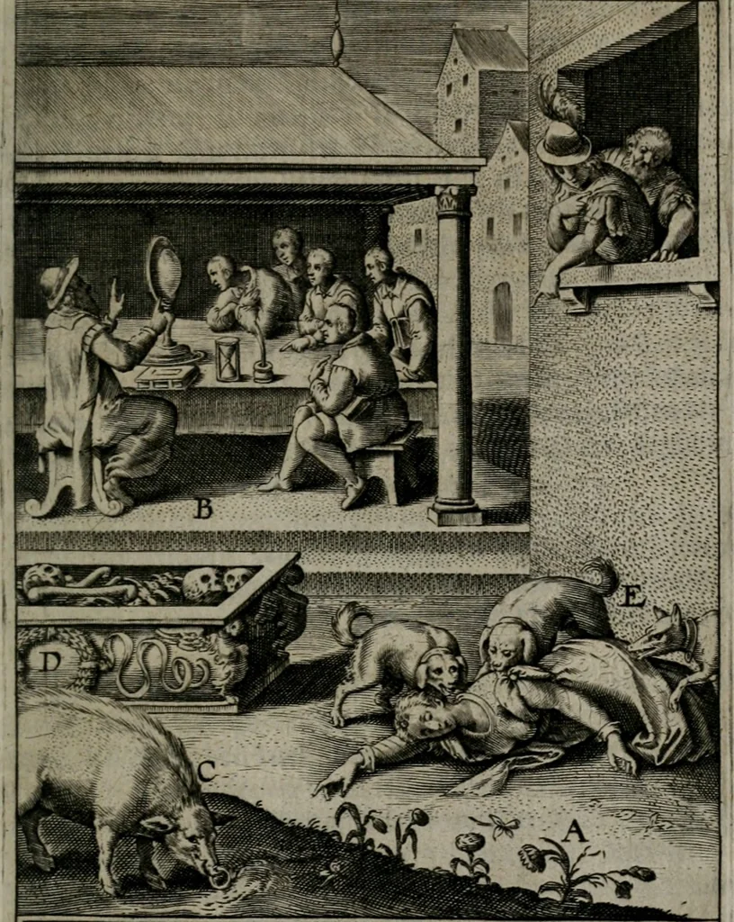 An illustration from Christeliicken waerseggher : de principale stucken van t'Christen geloof en Leuen int cort begrijpende : met een rolle der deugtsaemheyt daer op dienende : ende een schildt-wacht teghen de valsche waersegghers, tooueraers, etc., 1603, leaf 456