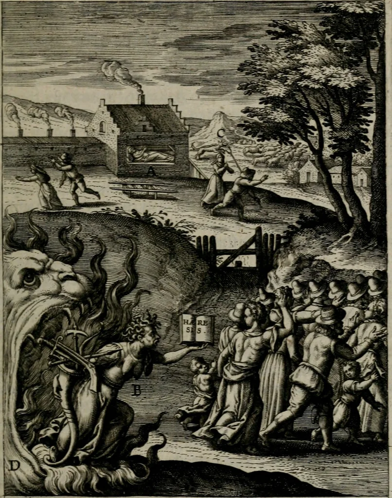 An illustration from Christeliicken waerseggher : de principale stucken van t'Christen geloof en Leuen int cort begrijpende : met een rolle der deugtsaemheyt daer op dienende : ende een schildt-wacht teghen de valsche waersegghers, tooueraers, etc., 1603, leaf 48