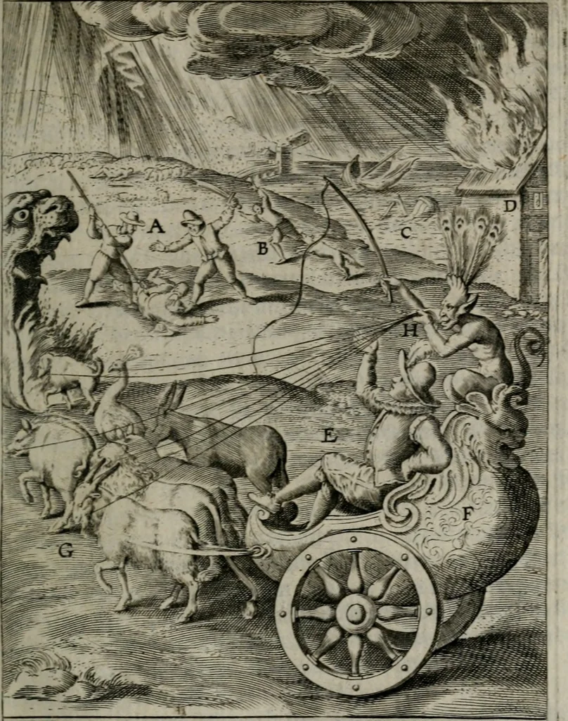 An illustration from Christeliicken waerseggher : de principale stucken van t'Christen geloof en Leuen int cort begrijpende : met een rolle der deugtsaemheyt daer op dienende : ende een schildt-wacht teghen de valsche waersegghers, tooueraers, etc., 1603, leaf 480
