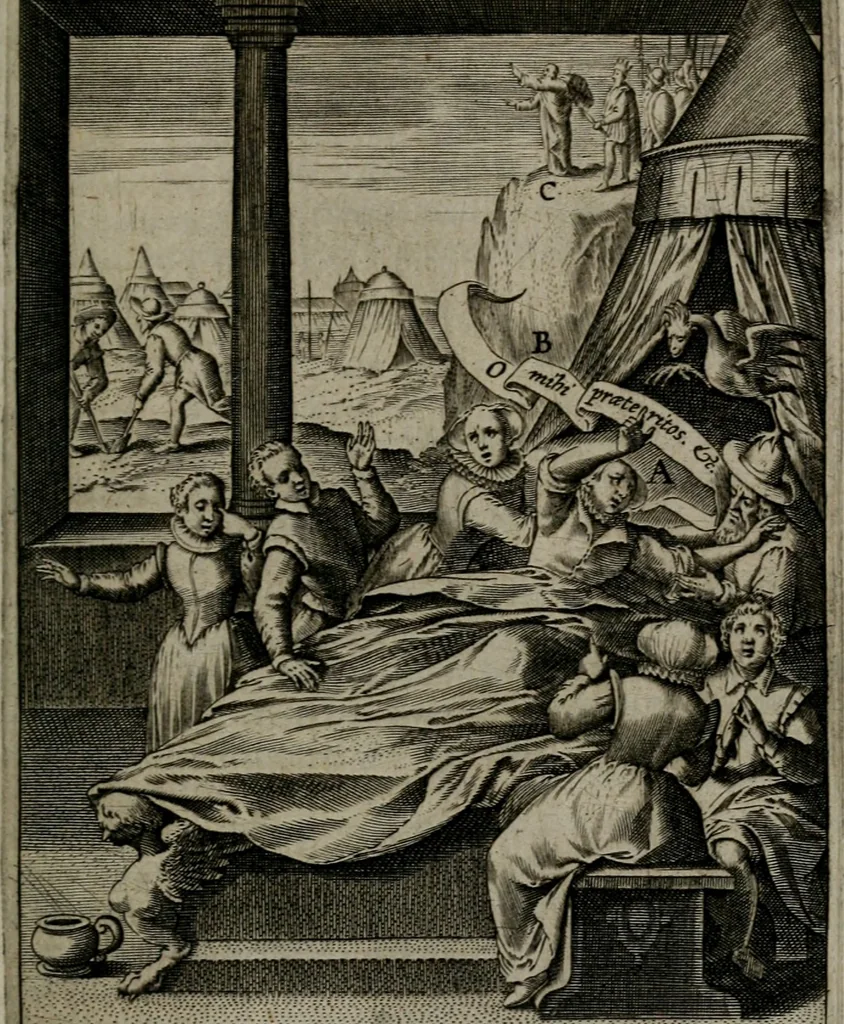 An illustration from Christeliicken waerseggher : de principale stucken van t'Christen geloof en Leuen int cort begrijpende : met een rolle der deugtsaemheyt daer op dienende : ende een schildt-wacht teghen de valsche waersegghers, tooueraers, etc., 1603, leaf 494