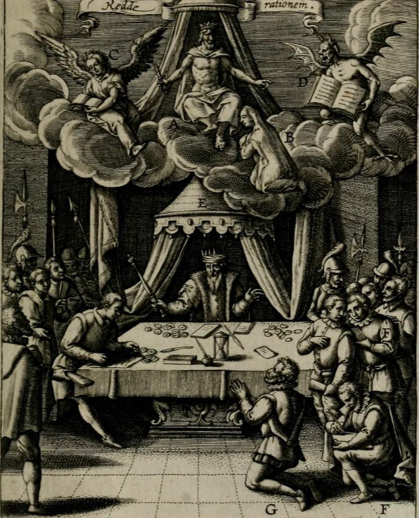 An illustration from Christeliicken waerseggher : de principale stucken van t'Christen geloof en Leuen int cort begrijpende : met een rolle der deugtsaemheyt daer op dienende : ende een schildt-wacht teghen de valsche waersegghers, tooueraers, etc., 1603, leaf 522