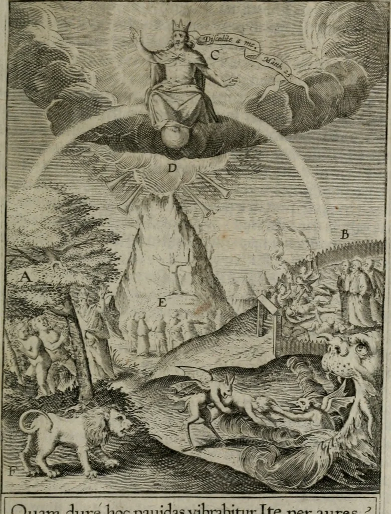An illustration from Christeliicken waerseggher : de principale stucken van t'Christen geloof en Leuen int cort begrijpende : met een rolle der deugtsaemheyt daer op dienende : ende een schildt-wacht teghen de valsche waersegghers, tooueraers, etc., 1603, leaf 528