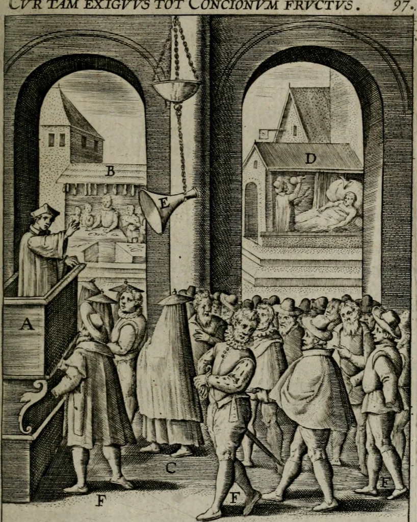 An illustration from Christeliicken waerseggher : de principale stucken van t'Christen geloof en Leuen int cort begrijpende : met een rolle der deugtsaemheyt daer op dienende : ende een schildt-wacht teghen de valsche waersegghers, tooueraers, etc., 1603, leaf 544
