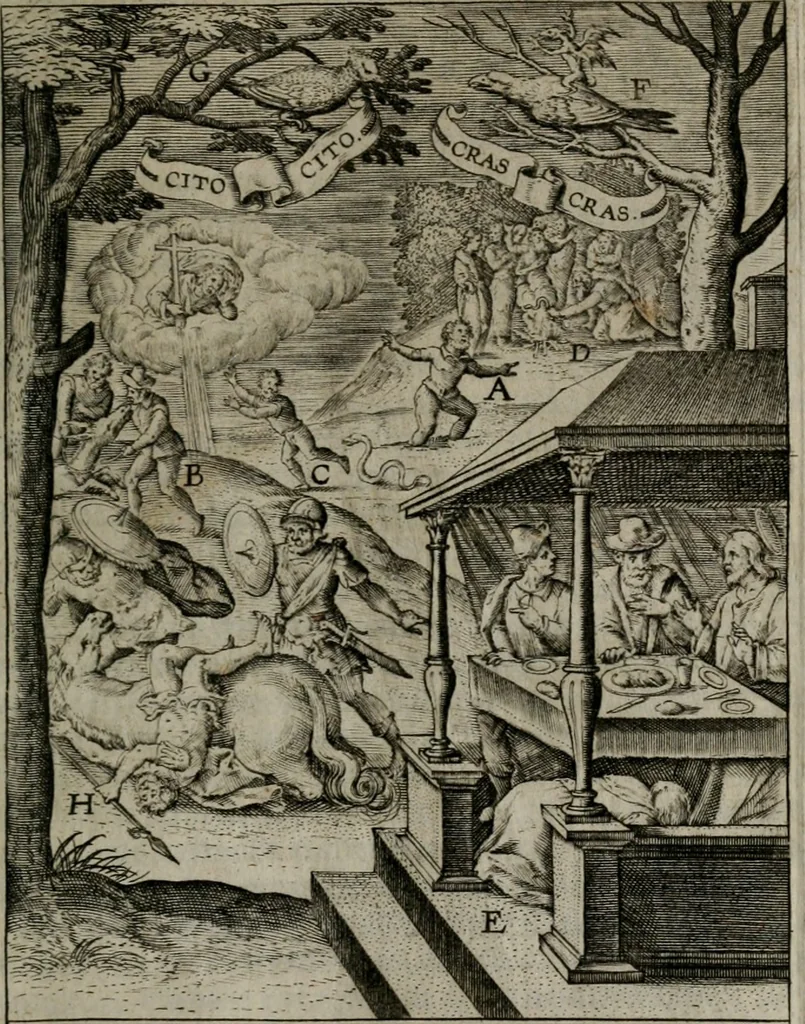 An illustration from Christeliicken waerseggher : de principale stucken van t'Christen geloof en Leuen int cort begrijpende : met een rolle der deugtsaemheyt daer op dienende : ende een schildt-wacht teghen de valsche waersegghers, tooueraers, etc., 1603, leaf 550