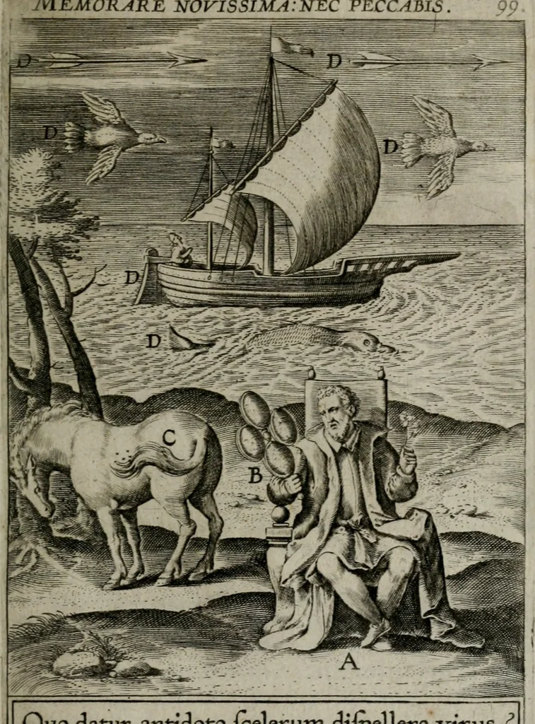 An illustration from Christeliicken waerseggher : de principale stucken van t'Christen geloof en Leuen int cort begrijpende : met een rolle der deugtsaemheyt daer op dienende : ende een schildt-wacht teghen de valsche waersegghers, tooueraers, etc., 1603, leaf 556