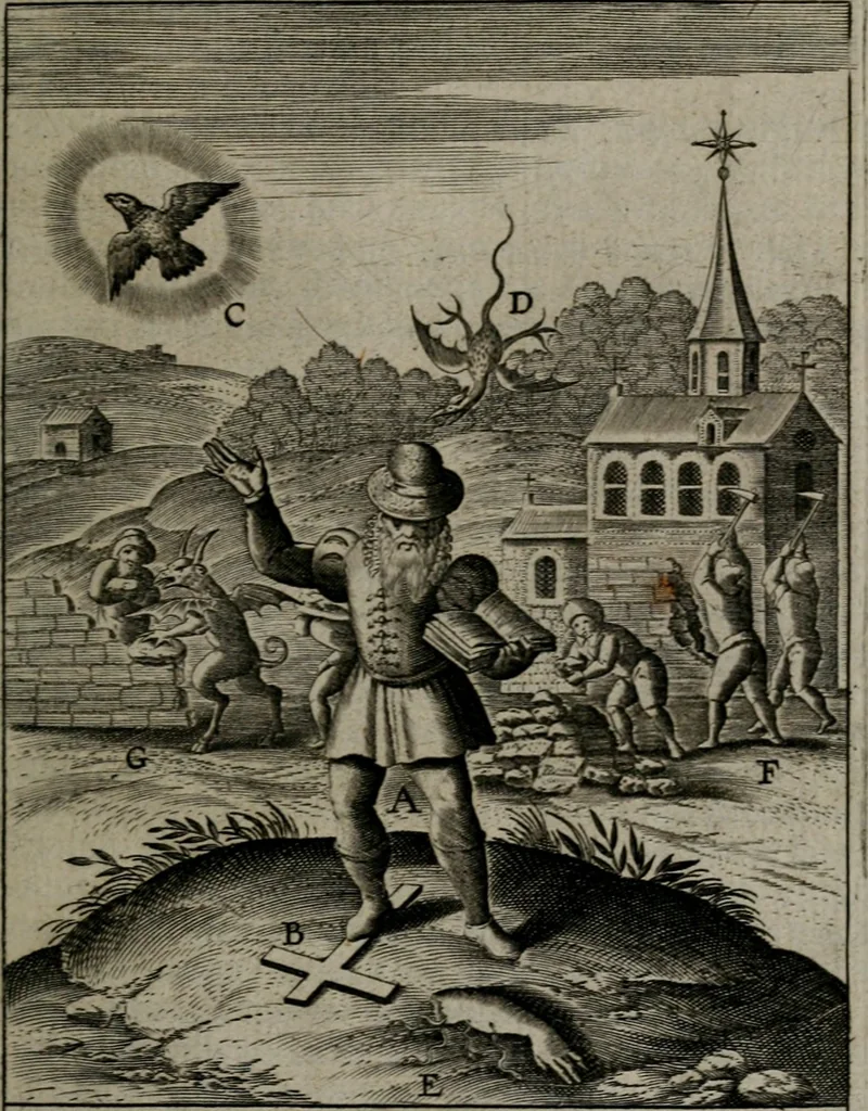 An illustration from Christeliicken waerseggher : de principale stucken van t'Christen geloof en Leuen int cort begrijpende : met een rolle der deugtsaemheyt daer op dienende : ende een schildt-wacht teghen de valsche waersegghers, tooueraers, etc., 1603, leaf 60