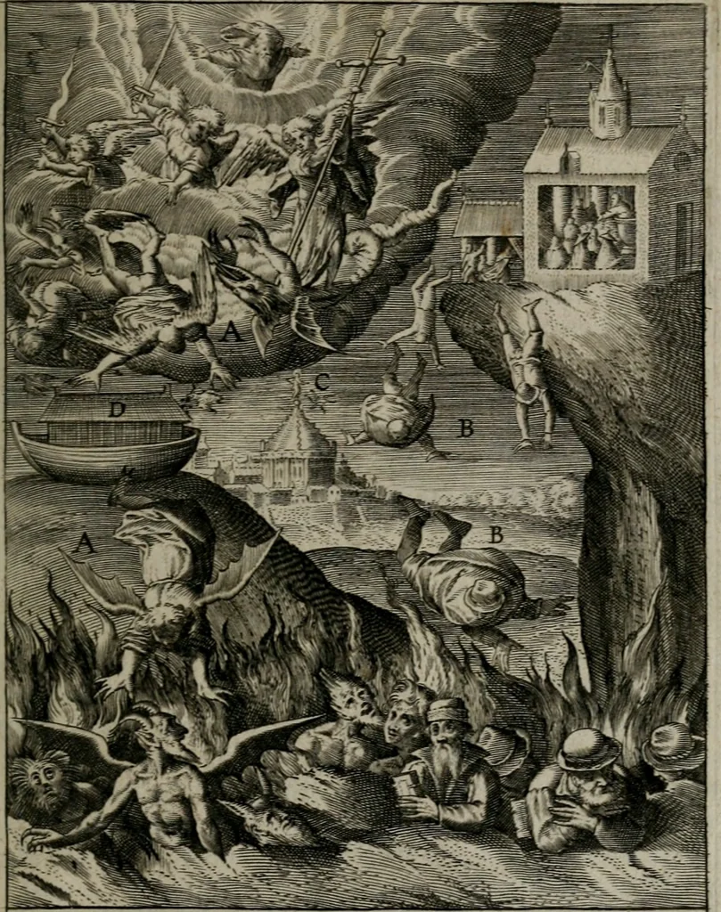 An illustration from Christeliicken waerseggher : de principale stucken van t'Christen geloof en Leuen int cort begrijpende : met een rolle der deugtsaemheyt daer op dienende : ende een schildt-wacht teghen de valsche waersegghers, tooueraers, etc., 1603, leaf 68