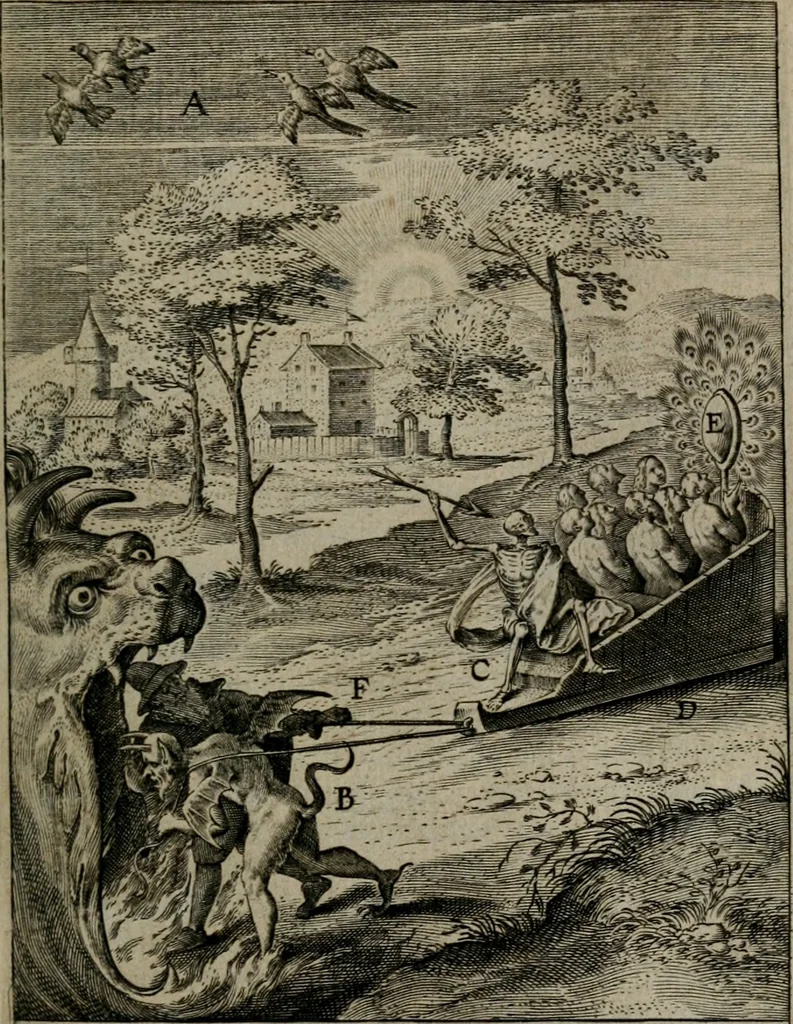 An illustration from Christeliicken waerseggher : de principale stucken van t'Christen geloof en Leuen int cort begrijpende : met een rolle der deugtsaemheyt daer op dienende : ende een schildt-wacht teghen de valsche waersegghers, tooueraers, etc., 1603, leaf 74