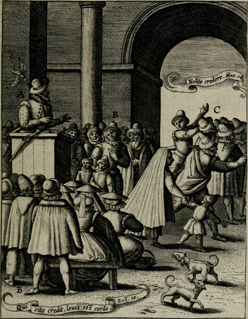 An illustration from Christeliicken waerseggher : de principale stucken van t'Christen geloof en Leuen int cort begrijpende : met een rolle der deugtsaemheyt daer op dienende : ende een schildt-wacht teghen de valsche waersegghers, tooueraers, etc., 1603, leaf 78
