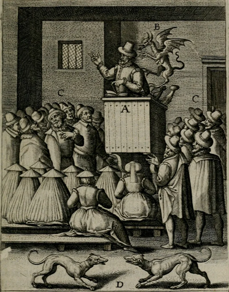 An illustration from Christeliicken waerseggher : de principale stucken van t'Christen geloof en Leuen int cort begrijpende : met een rolle der deugtsaemheyt daer op dienende : ende een schildt-wacht teghen de valsche waersegghers, tooueraers, etc., 1603, leaf 82