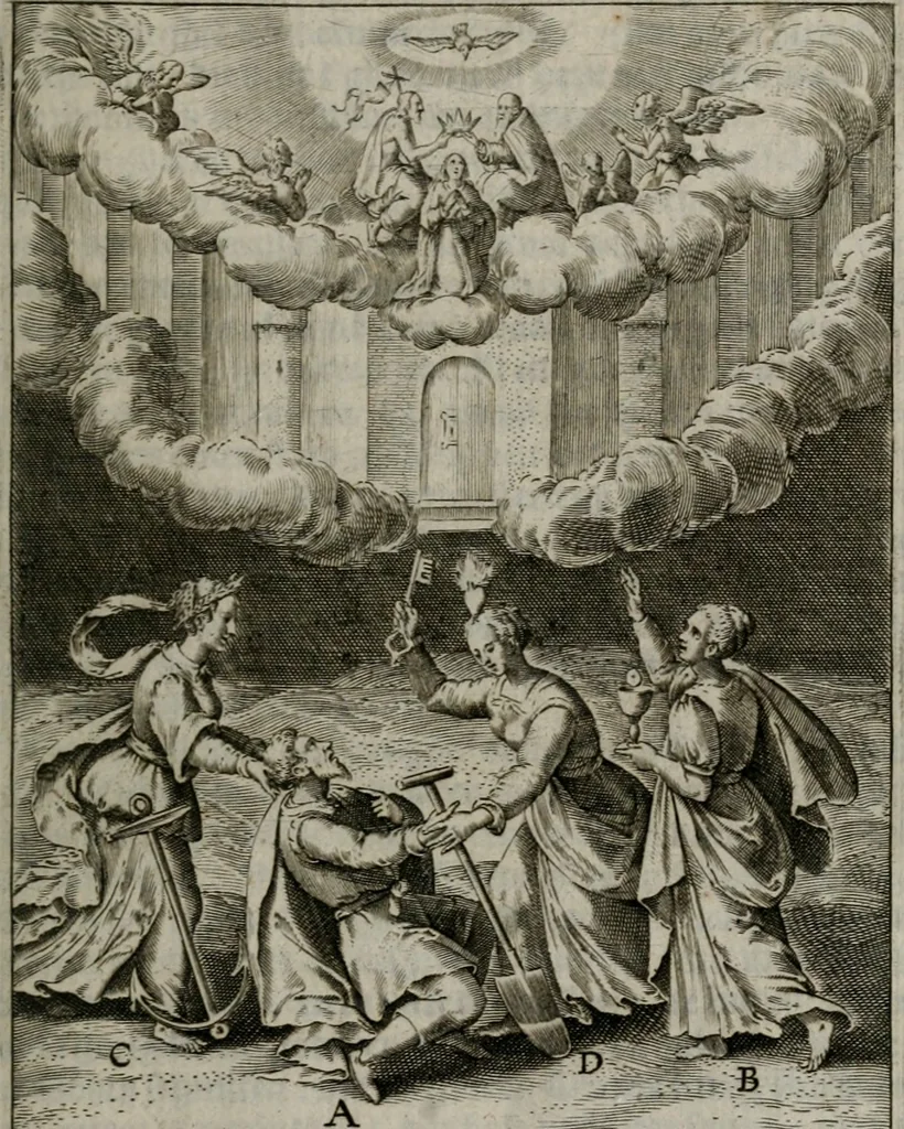 An illustration from Christeliicken waerseggher : de principale stucken van t'Christen geloof en Leuen int cort begrijpende : met een rolle der deugtsaemheyt daer op dienende : ende een schildt-wacht teghen de valsche waersegghers, tooueraers, etc., 1603, leaf 96