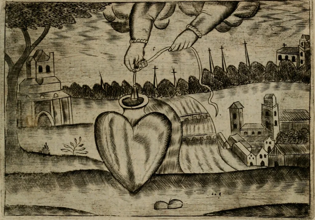 An illustration from Christelyke aandachten of vlammende ziel-zuchten : eener Godvreesend ziele, met een Goddelijk antwoord daar op passende, 1735, leaf 60