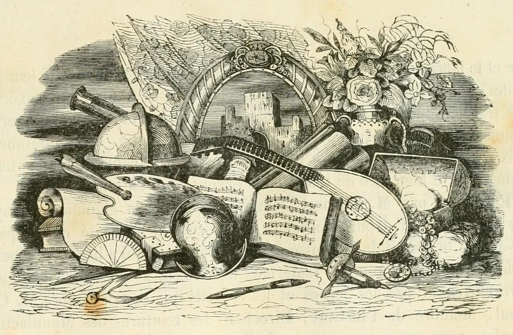 An illustration from Chromagraphie, ou, L'art de composer un dessin : à l'aide de lignes et de figures géométriques, et de l'imiter avec des matières colorées ..., 1839, leaf 9