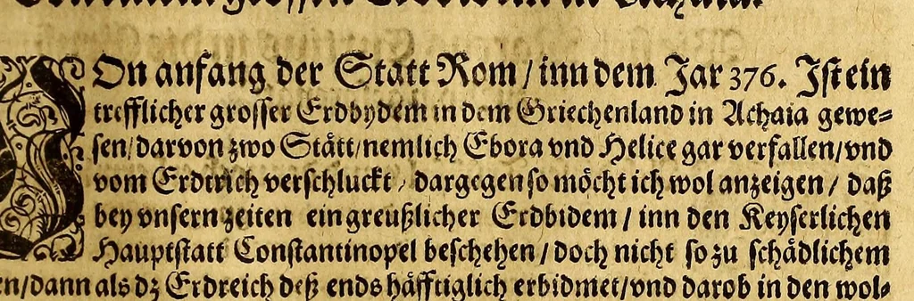 An illustration from Chronica, das ist: Warhaffte eigentliche vnd kurtze Beschreibung dess Umbkreiss und Gelegenheit der gantzen Welt, : so in drey Theil, nemlich in Aphrica, Asia vnd Europa, abgeteilet, mit was Wasser, Meer und Gebirgen, die umbgeben, auch was darinn von allen Nationen vnd Völckern, als greuwlichen Schlachten vnd Blutvergiessen, grossen Theuwrungen vnd Hungersnot, schädlichen Brünsten, erschrecklichen Sünd vnd Wasserflüssen, darzu grossen Erdbidem, auch verfolgung unddurchächtung der Christen, von anfang der Welt biss auff erbauwung der Statt Rom, vnd zur Regierung Honorii vnd Theodosii, der Römischen Keysern, sich verlauffung vnd zugetragen hat., 1581, leaf 51