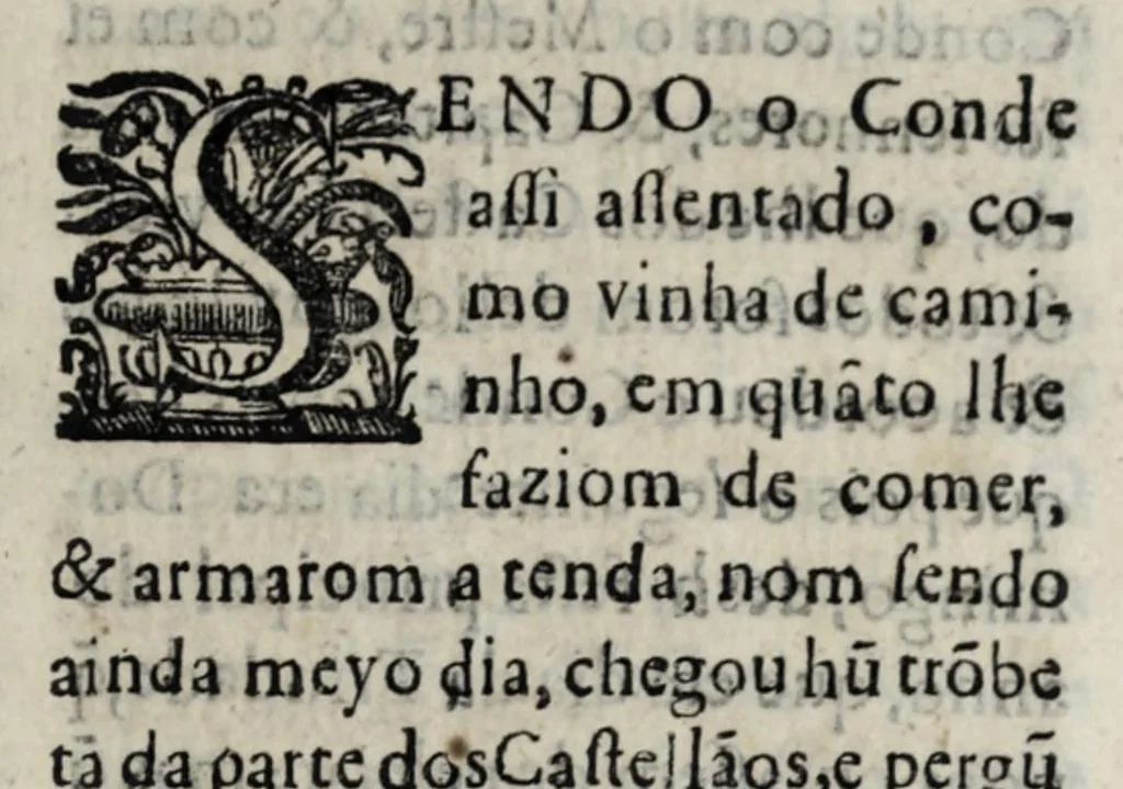 An illustration from Chronica del Rey D. Ioam I. de boa memoria, e dos reyes de Portugal o decimo : primeira[-terceira] parte : em que se contem a defensam do reyno atè ser eleito rey : offerecida a magestad del Rey Dom Ioam o IV. n. senhor de miraculosa memoria, 1644, leaf 393