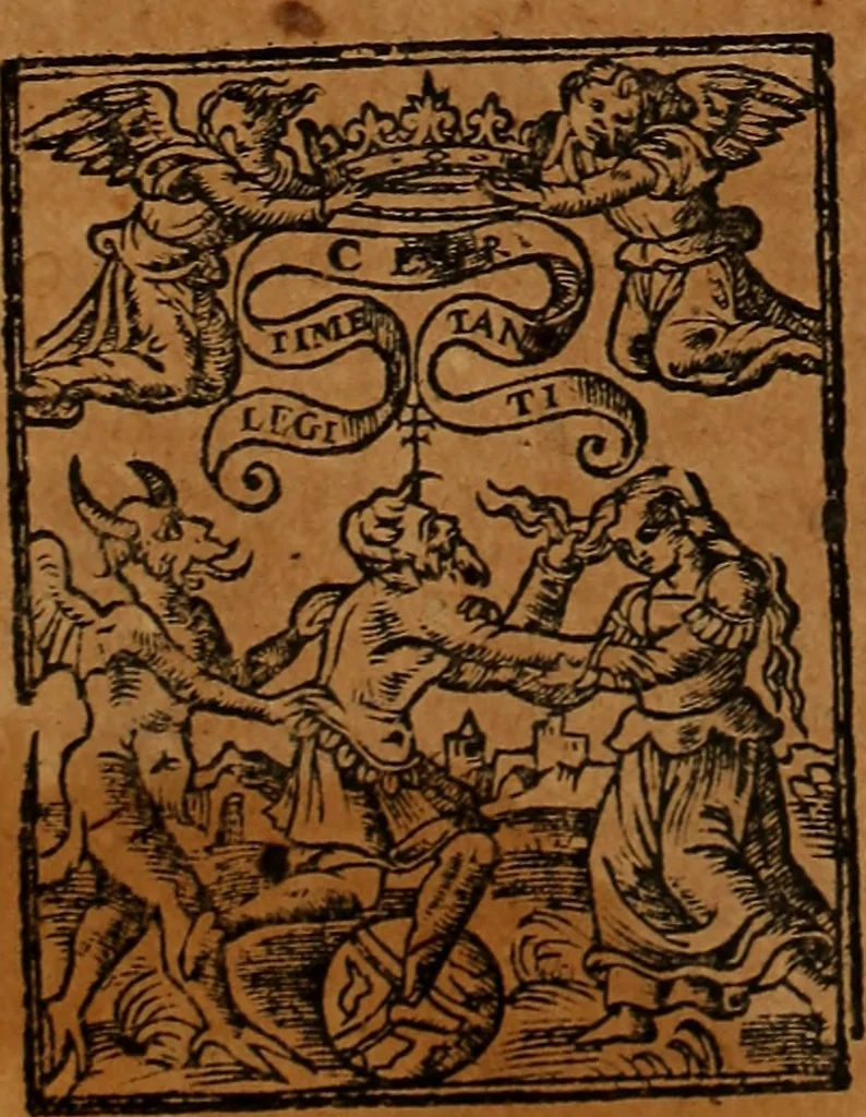 An illustration from Chronica del rey Don Rodrigo, con la destruycion de España, y como los moros la ganaron. Nueuam ante corregida. Contiene de mas de la historia muchas viuas razones, y auisos muy prouechosos, 1587, leaf 258