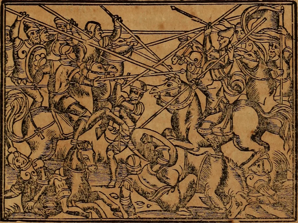 An illustration from Chronica del rey Don Rodrigo, con la destruycion de España, y como los moros la ganaron. Nueuam ante corregida. Contiene de mas de la historia muchas viuas razones, y auisos muy prouechosos, 1587, leaf 260