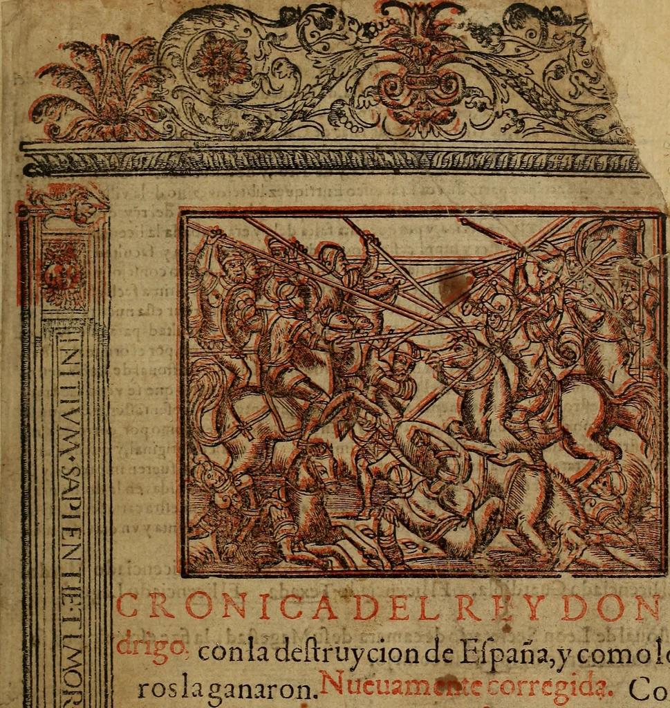 An illustration from Chronica del rey Don Rodrigo, con la destruycion de España, y como los moros la ganaron. Nueuam ante corregida. Contiene de mas de la historia muchas viuas razones, y auisos muy prouechosos, 1587, leaf 6