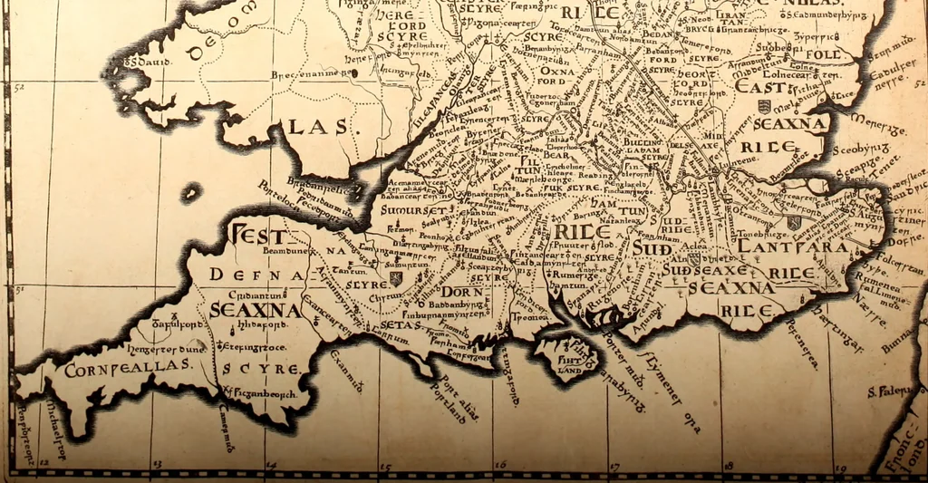 An illustration from Chronicon saxonicum, seu Annales rerum in Anglia præcique gestarum, a Christo nato ad annum usque MCLIV. deducti, ac jam demum latinitate donati. Cum indice rerum chronologico. Accedunt regulæ ad investigandas nominum locorum origines. Et nominum locorum ac virorum in chronico memoratorum explicatio, 1692, leaf 5