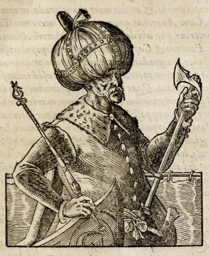 An illustration from Chronicorvm Tvrcicorvm, in quibus Tvrcorvm origo, principes, imperatores, bella, praelia, caedes, victoriae, reiqve militaris ratio, et caetera huc pertinentia ... exponuntur; et Mahometicae religionis instituta, iudiciorumq. processus, & aulae constitutio; procerum item ac populi mores, vitaeq. degendae ratio percensetur: accessere, Narratio de Baiazethis filiorvm seditionibvs; Tvrcicarvm item rerum epitome; ... et Iohannis Aventini Liber, in quo causae miseriarum, quibus Christiana respub. premitur, indicantur ... tomvs primvs, 1578, leaf 1009